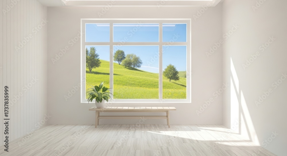 Obraz premium Brightly lit interior space with large window offering serene views of a lush green landscape under a clear, vibrant blue sky, along with a wooden bench and a potted plant.