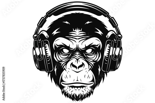 Vector art of a striking monochrome illustration of a gorilla head wearing headphones, the detailed linework captures the primates intense gaze and the modern twist of audio gear