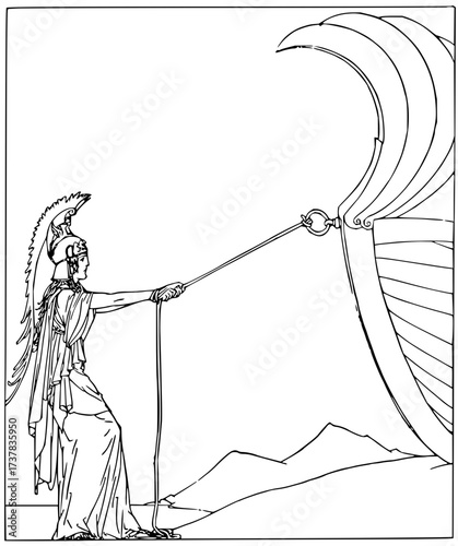 Powerful Athena guiding a ship, a symbol of wisdom and strength, rendered with intricate line art, evoking a sense of ancient mythology and timeless guidance
