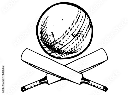 Vintage cricket emblem displaying a classic ball and crossed bats, celebrating the spirit of sportsmanship and athletic competition in a timeless design