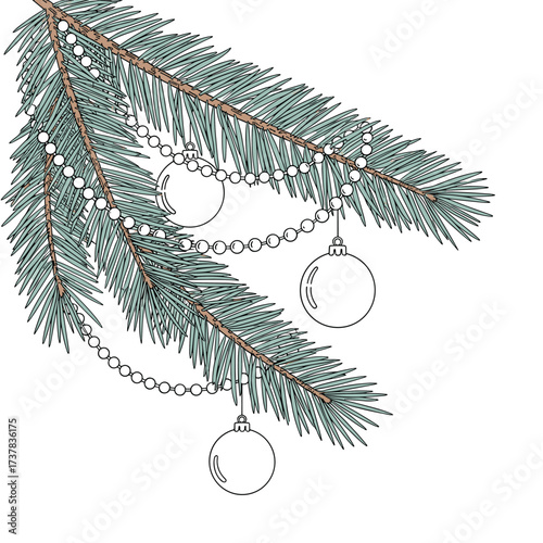 A festive pine branch adorned with sparkling ornaments and twinkling lights for holiday cheer.