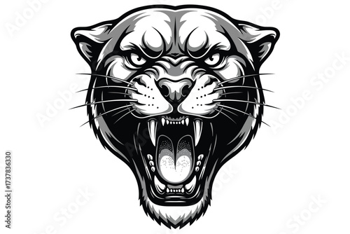Vector art of a ferocious panther head roars, its sharp teeth bared in a menacing display of power and aggression, , capturing the essence of a wild predator