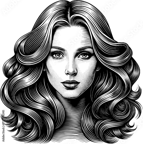 Elegant portrait of a beautiful woman with flowing wavy hair, timeless beauty, classic style, perfect for beauty product ads or fashion design inspiration