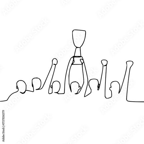 Winning team celebrating with trophy, minimalist line art for sports achievement, teamwork, and victory concepts, ideal for posters and motivational designs