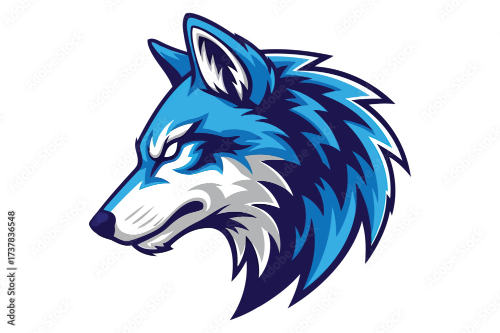 Fototapeta premium Vector art of a stylized wolf head in shades of blue, its piercing gaze conveying intelligence and determination, , embodying the spirit of the wild