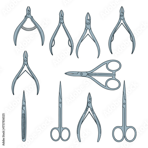 A collection of precision grooming and surgical instruments including nail nippers cuticle scissors and other specialized tools.