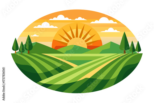 Retro-style vector illustration of a rural farm landscape featuring a barn, farmhouse, grazing cow, striped farmland, and rising sun. Designed in warm earthy tones, this rustic countryside artwork is 