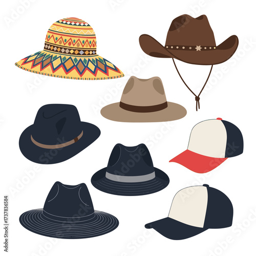 A collection of diverse headwear including sun hats fedoras cowboy hats and baseball caps.