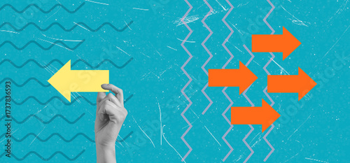 Art collage, Creative illustration showing arrows and hand gesture against a textured blue background, emphasizing direction and movement
