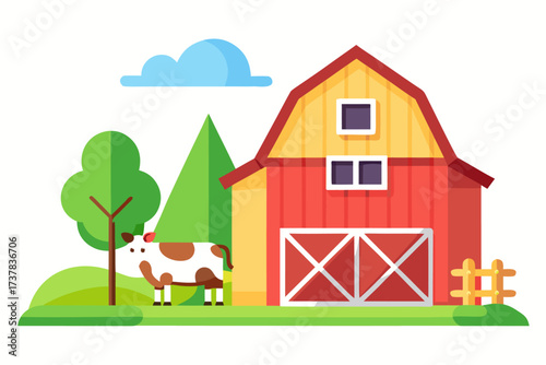 Retro-style vector illustration of a rural farm landscape featuring a barn, farmhouse, grazing cow, striped farmland, and rising sun. Designed in warm earthy tones, this rustic countryside artwork is 
