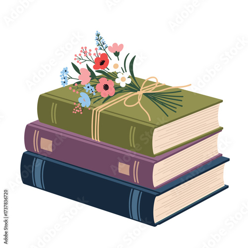 A stack of three vintage books tied with twine and adorned with a bouquet of wildflowers.