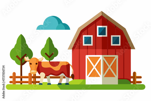 Retro-style vector illustration of a rural farm landscape featuring a barn, farmhouse, grazing cow, striped farmland, and rising sun. Designed in warm earthy tones, this rustic countryside artwork is 