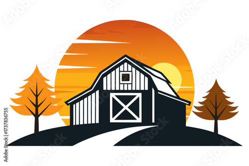 Retro-style vector illustration of a rural farm landscape featuring a barn, farmhouse, grazing cow, striped farmland, and rising sun. Designed in warm earthy tones, this rustic countryside artwork is 