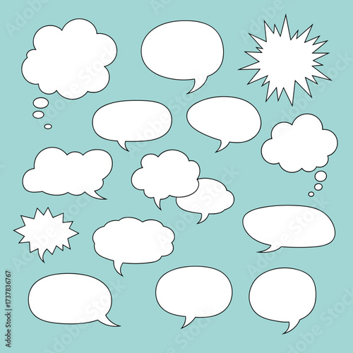 A collection of various comic book speech and thought bubbles on a blue background.