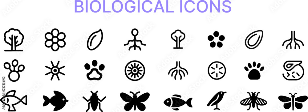 Fototapeta premium Biological icons set collection of linear vector illustrations of plant, animal, insect and microorganism for biology or ecology