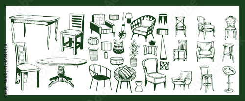 Doodle sketch of living room furniture, hand-drawn in different sizes and types, modern and vintage. Scandinavian furniture Interior elements Boho style. Vector illustration