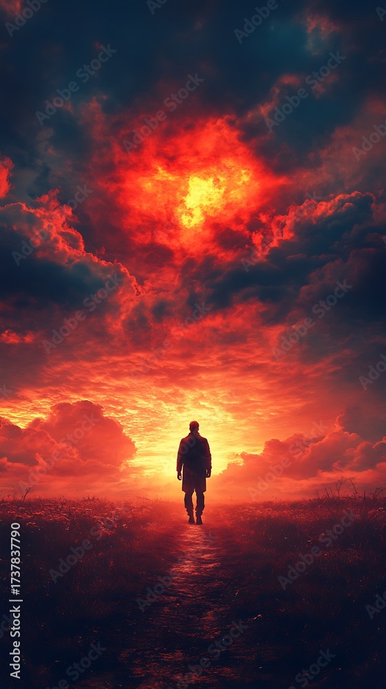 Fototapeta premium A Solitary Figure Confronts a Fiery Horizon, Offering a Moment of Reflection