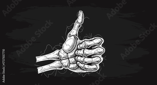 A skeletal hand gives a thumbs up gesture against a chalky black background.
