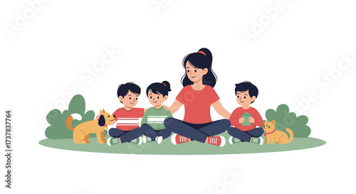 A caring teacher sits cross-legged with three young children and two small pets.