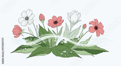 Delicate anemone flowers and lush green foliage with a gentle breeze.