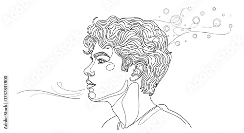 A young man exhales dreams and thoughts into the air with windblown lines and abstract bubbles.