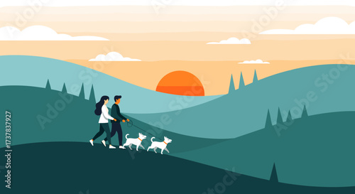 Couple enjoying a peaceful sunset walk with their dogs in a scenic landscape.