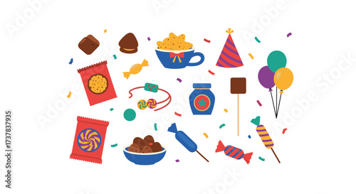 A colorful assortment of party treats and festive decorations including candies balloons and confetti for a celebration