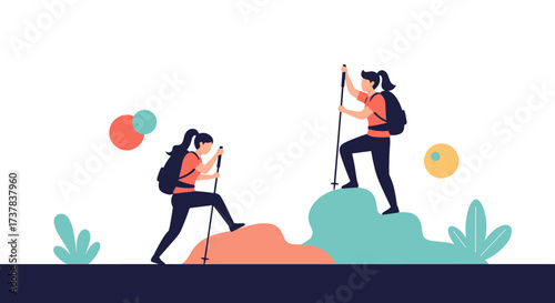 Two women hiking up a mountain with backpacks and trekking poles.