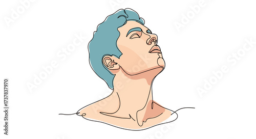 A man with light blue hair looks up with an expressive gaze.
