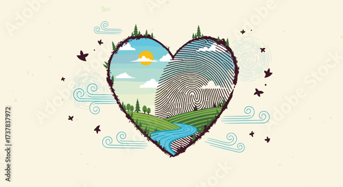 A scenic heart-shaped landscape with a winding river and a sunlit sky.