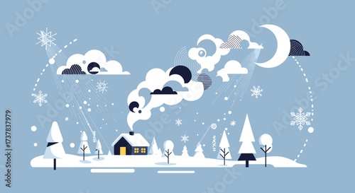 A cozy little house with smoke coming from the chimney on a snowy winter night.