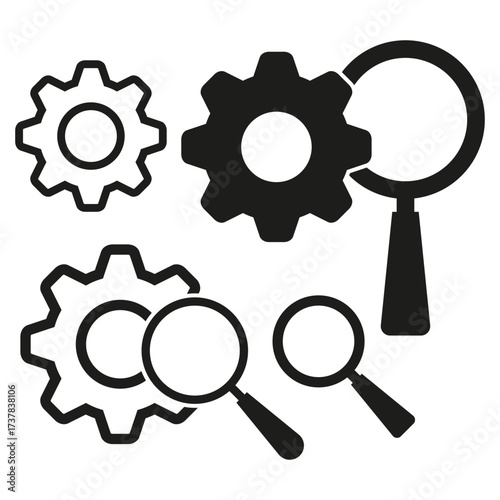 Gear and magnifier icons. Engineering search tools. Industrial analysis symbols. Vector business solution.