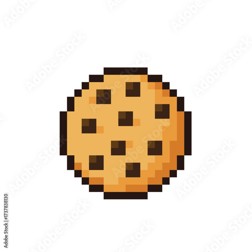 pixel chocolate chip cookies icon. Vector pixel art biscuit 8 bit logo for game