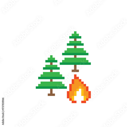 pixel Forest fire icon. Vector pixel art emergency 8 bit logo for game