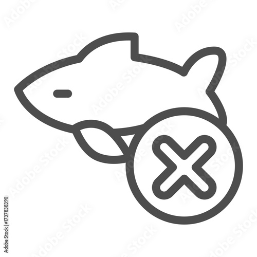 Fishing ban line icon, seafood concept. Vector graphics. Fish with close button, forbidden item sign on white background, outline style icon for mobile or web design.