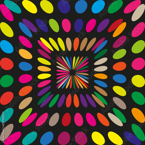 Vibrant oval field. Multicolor dot spiral. Hypnotic pattern Vector. Dark background energy.