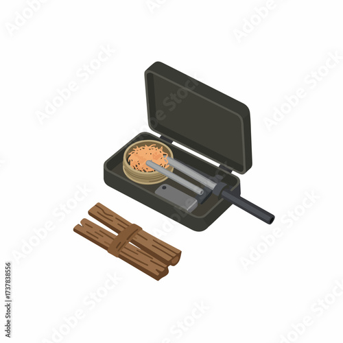 Isometric Detailed Rolling Tray Set Up with Tobacco Preparation on White Background