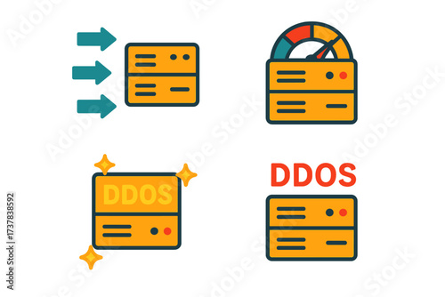 Cybersecurity threat flat icon set. featuring ddos, arrows, speed meter, and server symbols