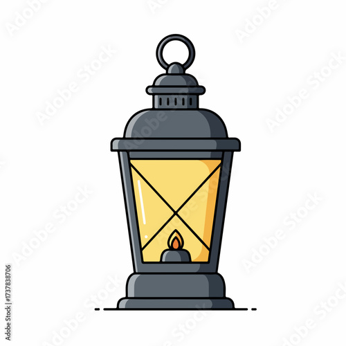 Flat Style Detailed Lantern with Burning Flame Camping Equipment Illustration
