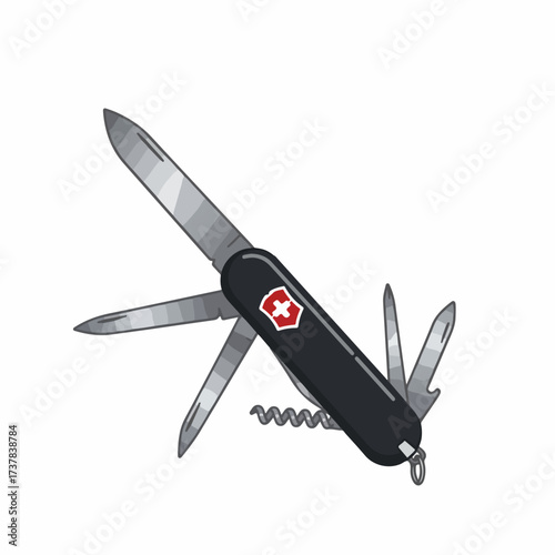 Detailed Illustration of a Black Swiss Army Knife Camping Multitool