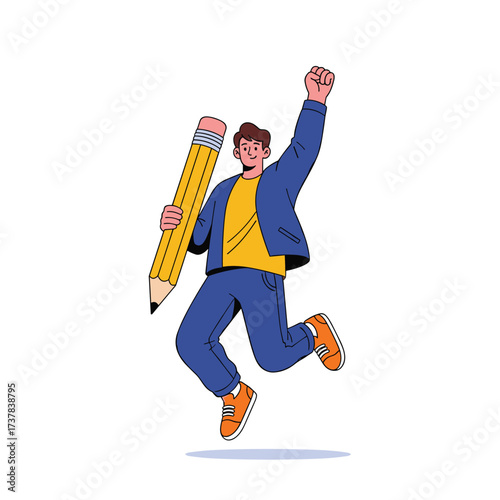Man jumping with a giant pencil in celebration of creative success and academic achievement.