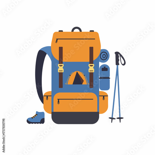 Flat Design Adventure Backpack with Hiking Poles and Boot Illustration