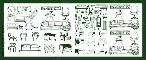 Doodle sketch of living room furniture, hand-drawn in different sizes and types, modern and vintage. Scandinavian furniture Interior elements Boho style. Vector illustration