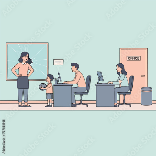 A stern woman scolds her young son holding a ball in a busy office with working colleagues.