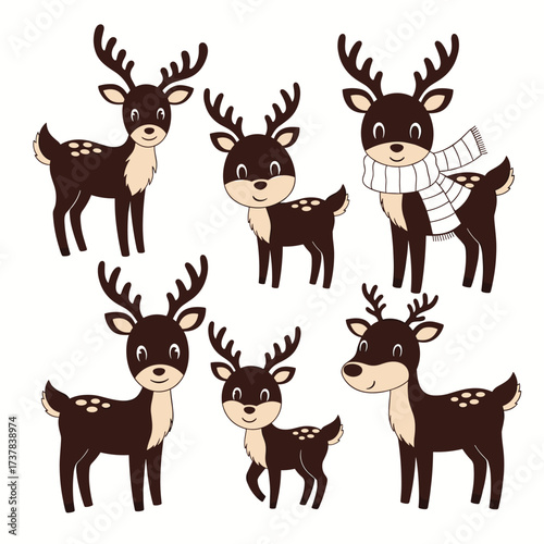 Adorable cartoon reindeer collection in various poses ready for winter festivities.
