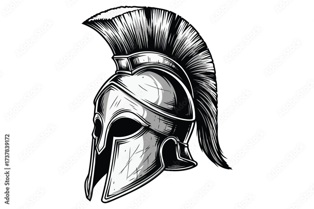 Naklejka premium Illustration of a spartan helmet, a symbol of ancient warriors, strength, and courage, depicted in a detailed black and white sketch style
