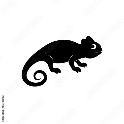 Silhouette of a black cartoon chameleon on transparent background