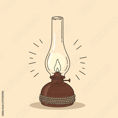 An old-fashioned kerosene lamp with a glowing flame illuminating its surroundings.