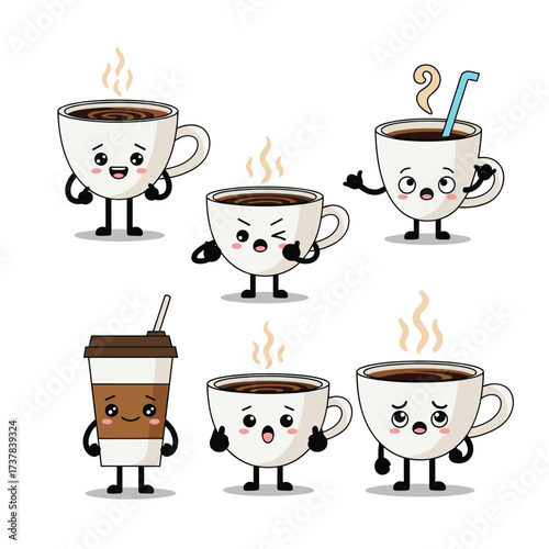A collection of cute cartoon coffee cups expressing different emotions.