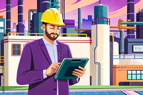Engineer reviewing a tablet computer in an energy company, set in a modern factory environment, illustrated in professional high-quality vector style, perfect for stock imagery, industrial themes